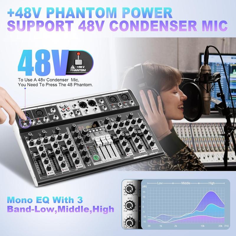 8  Audio Mixer DJ Mixer Sound Board Console 16 Dsp USB Audio Interface MP3 Input +48V Phantom  Studio Mixer Audio For Karaoke Streaming Recording