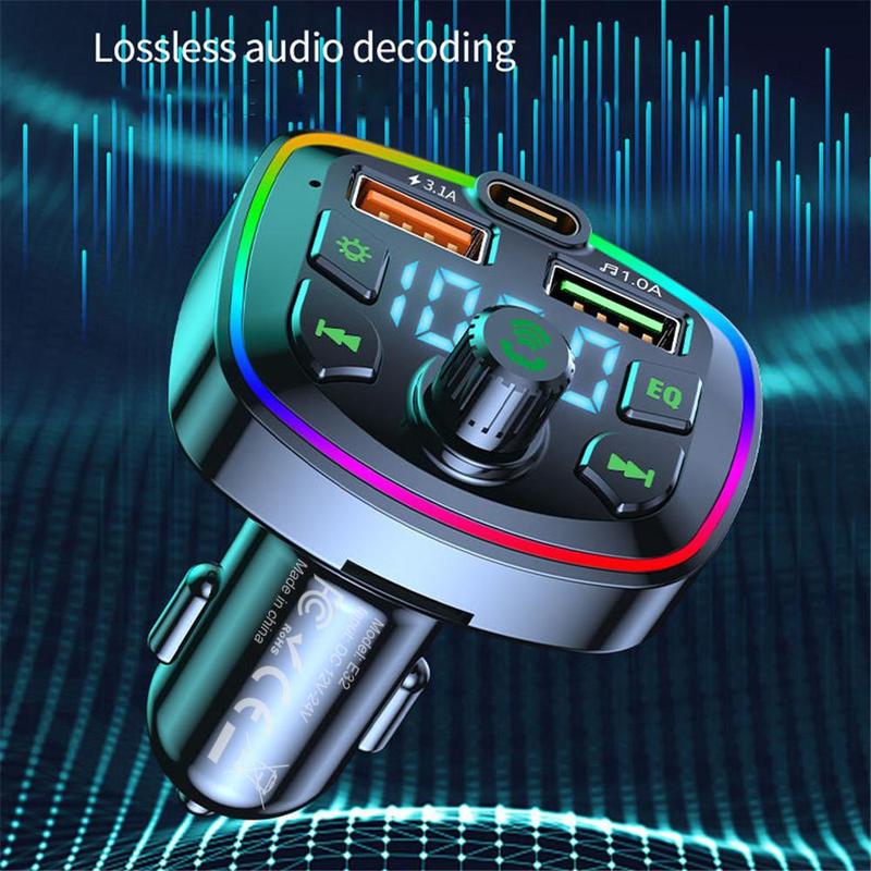 SIMR Wireless Car MP3 FM Transmitter, 1 Count Dual USB Type C Car Charger FM Transmitter, Colorful Ambient Light & Car MP3 Music Player Audio Receiver