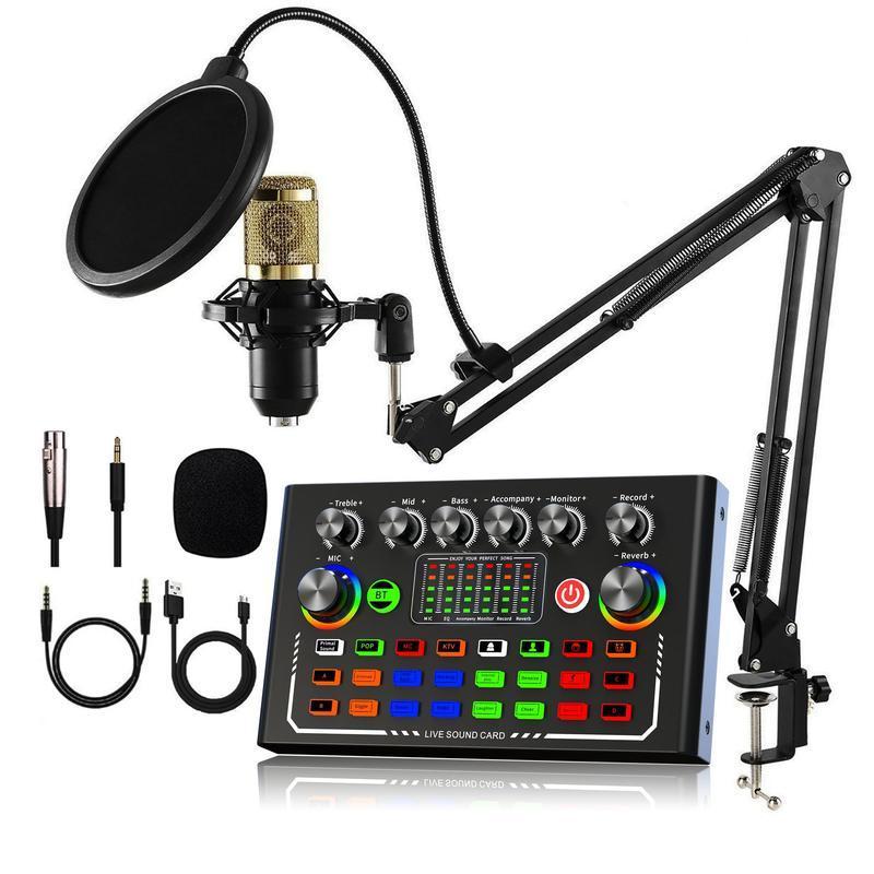 USB External Recording Audio Mixer, Sound Card Microphone Kit, Condenser Mic Set, Audio Live Streaming Kit, Professional Audio Mixer for KTV & Home, Podcast Accessories