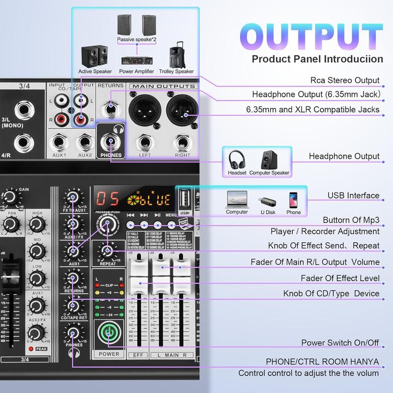 8  Audio Mixer DJ Mixer Sound Board Console 16 Dsp USB Audio Interface MP3 Input +48V Phantom  Studio Mixer Audio For Karaoke Streaming Recording