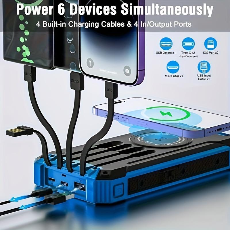 Solar Power Bank Wireless Charger 20000mAh Built In 4 Cables Fast Charging WithDual Flashlights Smartphone Chargeable