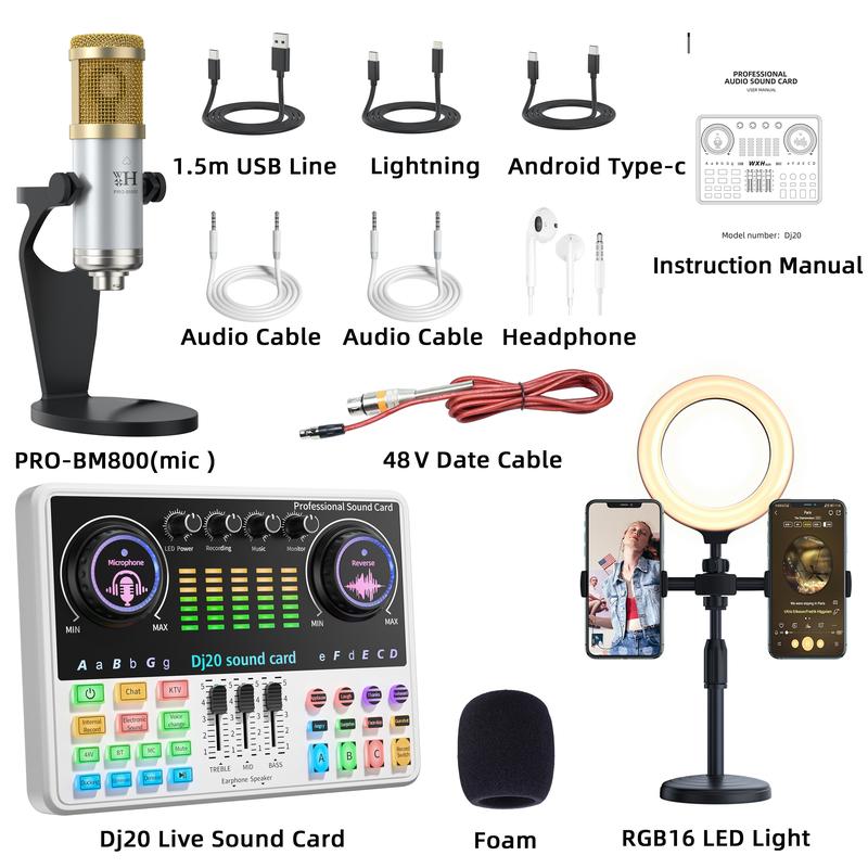 Dj20 Live Streaming Audio Mixer and Pro-BM800 Microphone with Bluetooth Audio Interface, Mute Button, Individual Controls, Volume Faders, Noise Cancellation, 48V Phantom Power for Recording, Streaming, Multi-Platform Use Smartphone Podcast Audio