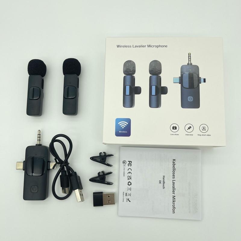 4 in 1 Wireless Lavalier Microphone, USB Rechargeable Wireless Microphone, Professional Wireless Lavalier Lapel Microphone for iPhone Android Phone