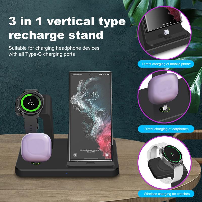 PDKUAI 3 in 1 Fast Charging Stand for Galaxy S24 S23 S22 S21 S20,Note 20 10,A54 A53 A51 & Galaxy Buds, Wireless Charger for Galaxy Watch