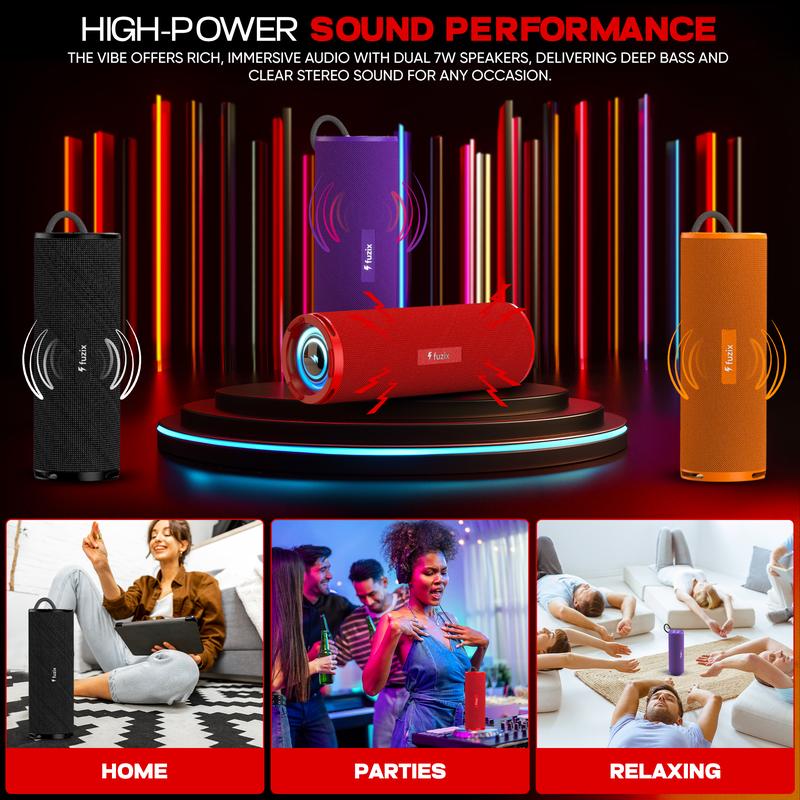 Vibe Portable Wireless Bluetooth Speaker by Fuzix – Dual 7W High-Power Sound,  Long Lasting Battery, Dynamic LED Lights, TWS Stereo, TF Card, U Disk, AUX, FM Radio Audio Compact