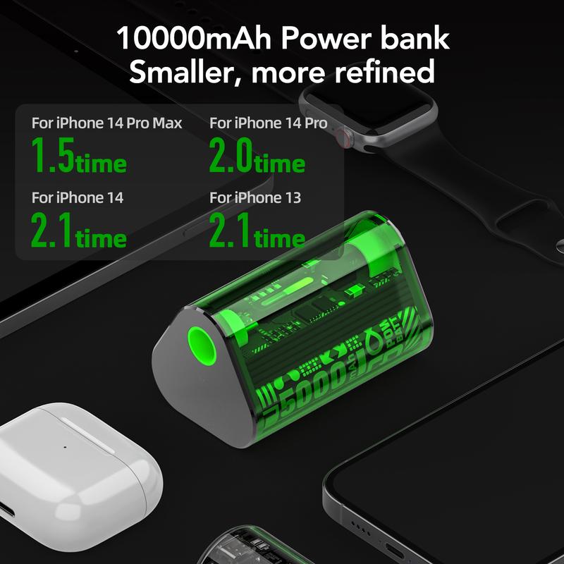 MFish Portable Charger Power Bank GaN Tech 10000mAh with 20W Fast Charging and Built-in Type-C Cable in Green - Chargeable, Accessories