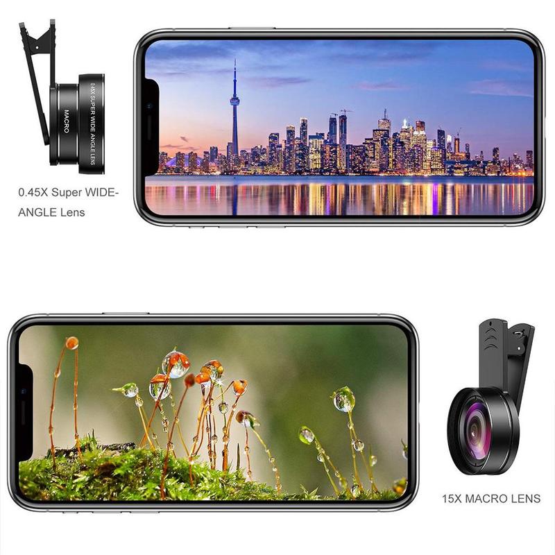 Professional Lens Set, Clip-on 2 in 1 Phone Lens, 0.45X 49UV Mobile Phone Camera Lens, Wide Angle & Macro Cellphone Camera Lens for iPhone Android Phone