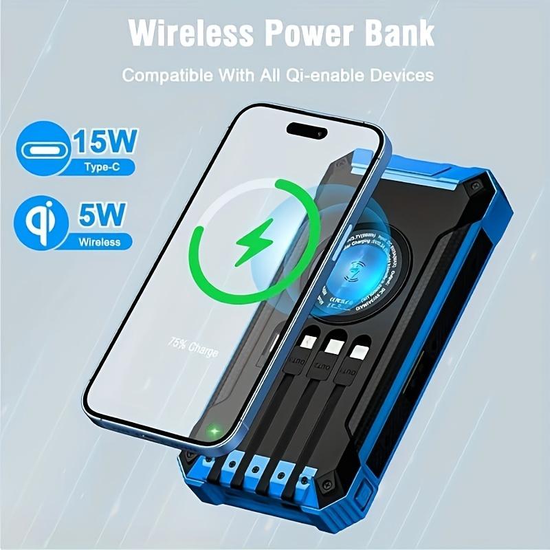 Solar Power Bank Wireless Charger 20000mAh Built In 4 Cables Fast Charging WithDual Flashlights Smartphone Chargeable