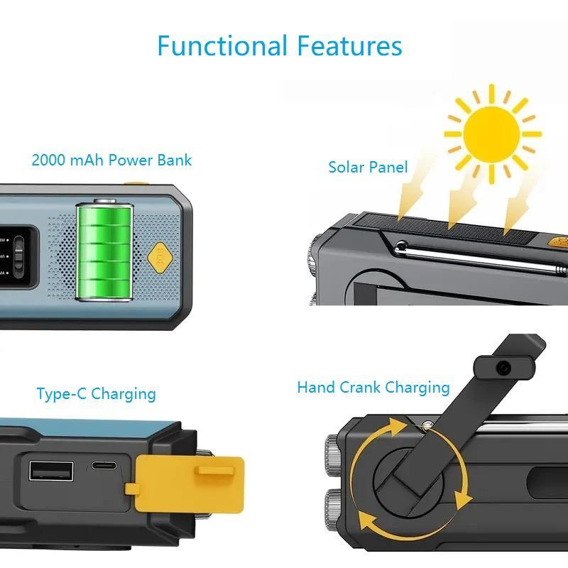 Solar Emergency NOAA Weather Radio, Portable Hand Crank AM FM WB Radio with LED Flashlight & Power Bank & SOS Alarm, 2000mAh Emergency Radio for Smart Phone Charging, Professional Emergency Equipment for Indoor Outdoor Hiking Camping