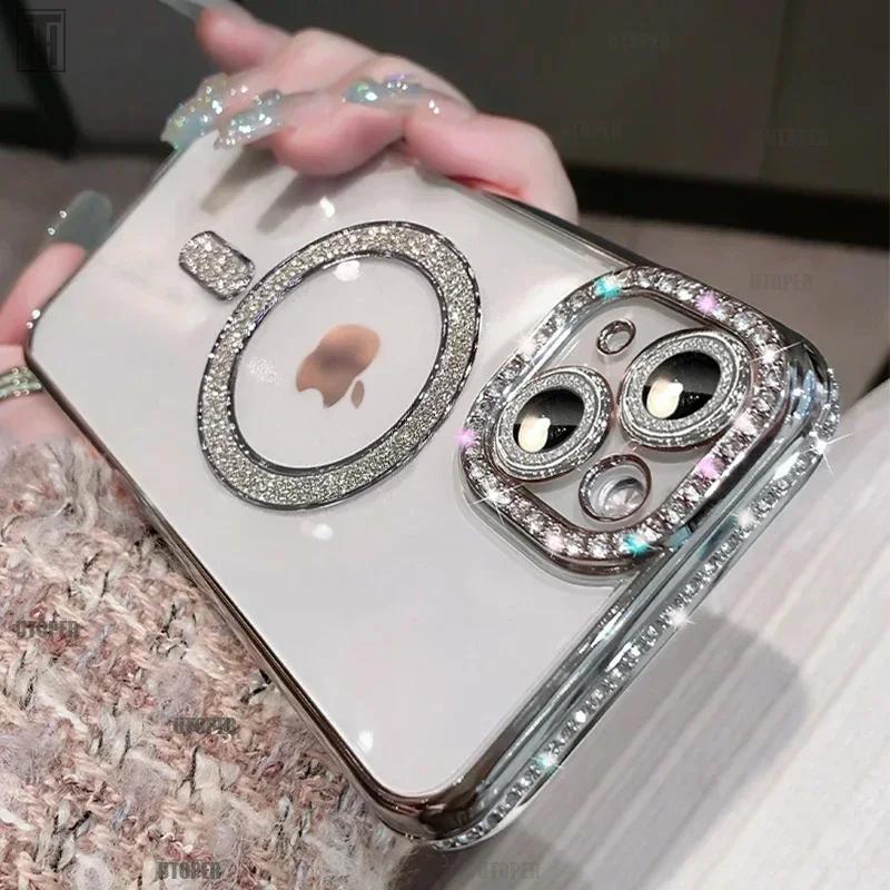 For iPhone Series Bling Fashion Girl Pink Crystal Glitter Transparent Magnetic Case iPhone 16 15 14 13 12 11 Pro Max Plus Wireless Charging Diamond Cover Link No.251