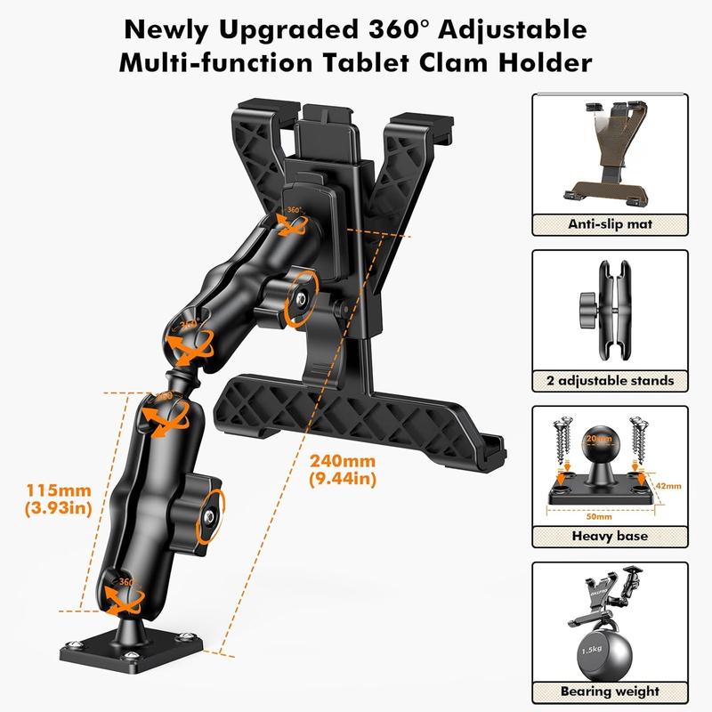 Tablet Holder for Truck, Heavy Duty iPad Mount for Drill Base 360Adjustable 2-Stage Arm Car Stand for All 7