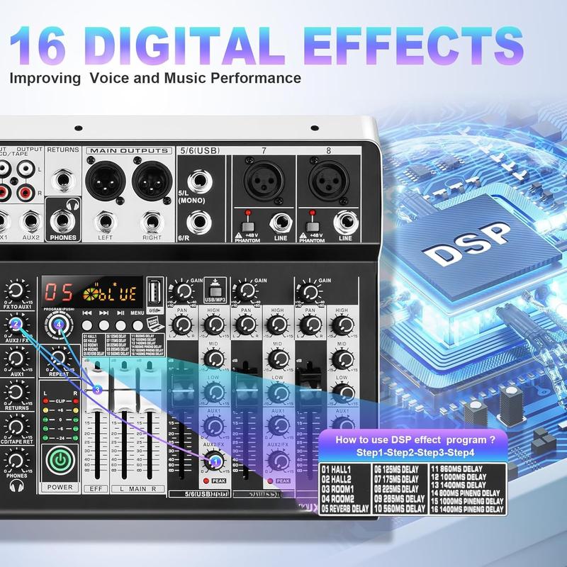 8  Audio Mixer DJ Mixer Sound Board Console 16 Dsp USB Audio Interface MP3 Input +48V Phantom  Studio Mixer Audio For Karaoke Streaming Recording