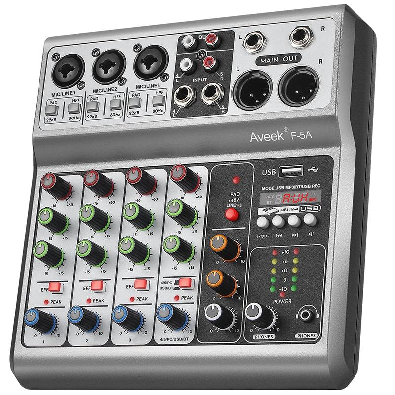 Aveek Professional Audio Mixer,with 5Channel Digital USB Bluetooth Echo Delay Effect, Input 48V Phantom Power Stereo for Recording, Podcasting Device