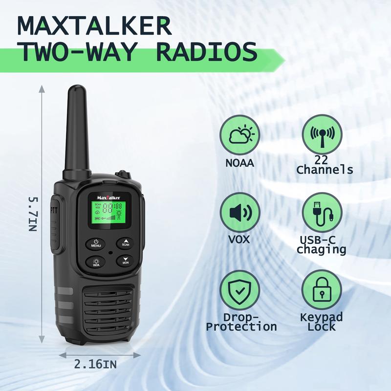 MaxTalker Walkie Talkies Long Range for Adult, MT10 Rechargeable Walkie Talkies FRS Two Way Radio, NOAA, 1200mAh Li-ion Battery USB-C Cable, LED Flashlight, VOX Walkie Talkie for Hiking Camping Audio