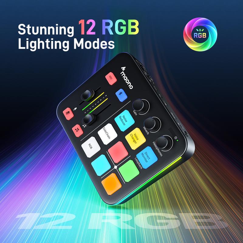 MAONO G1 NEO RGB USB Audio mixer with Bluetooth, Noise reduction, easy to use with PC, Smartphone, XLR microphone, ideal for gaming and streaming.