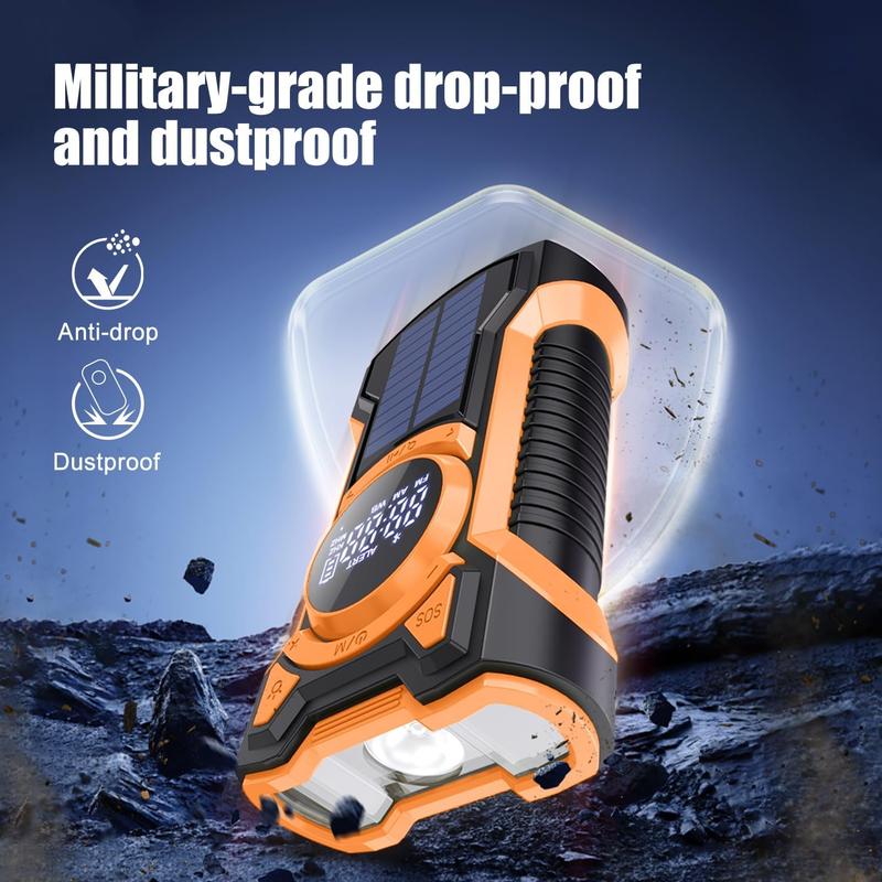 Portable AM FM Weather Digital Radio,Emergency Radio Hand Crank Solar,Flashlight Cell Phone Charger,Reading Lamp,Waterproof Rechargeable Radio 5000mAh Battery Power,Outdoor Survival Audio Compact Bluetooth Button Charging Device Electronic Wireless Mobile