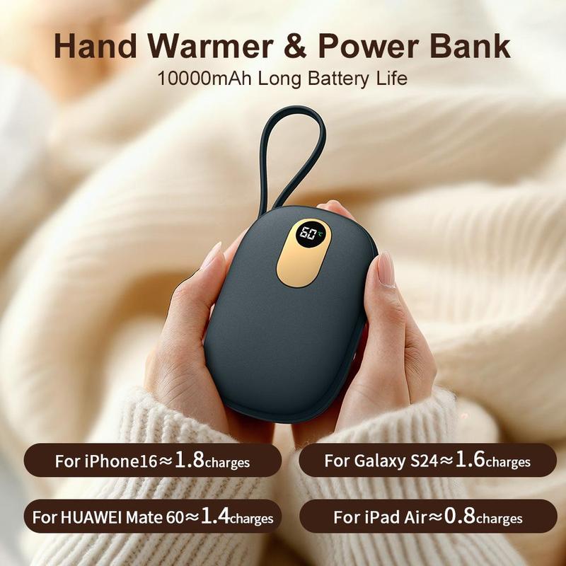 10000mAh Electric Hand Warmer Power Bank, 1 Count Portable Pocket Power Bank with Built-in Cable, 24-hour Long-lasting Safe Heating Power Bank for Outdoor