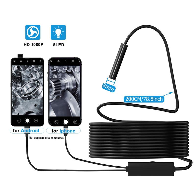 Car Endoscope Camera, HD Borescope with 8 Adjustable LED Lights, Semi-rigid 8mm Inspection Camera Compatible with iPhone & Android Phone