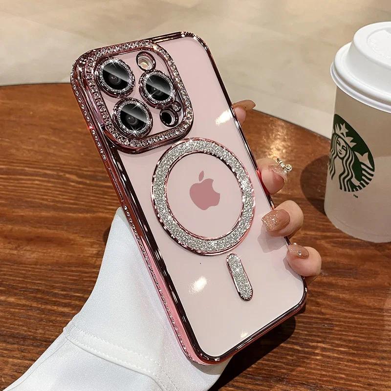 For iPhone Series Bling Fashion Girl Pink Crystal Glitter Transparent Magnetic Case iPhone 16 15 14 13 12 11 Pro Max Plus Wireless Charging Diamond Cover Link No.251