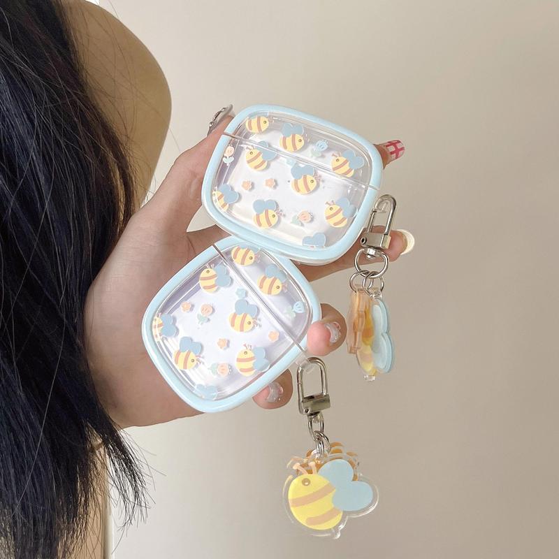 Cartoon Bee Pattern Earphone Case with Keychain, Decorative Earphone Protector Cover Compatible with Apple Airpods, Fashion Earphone Case for Women & Girls