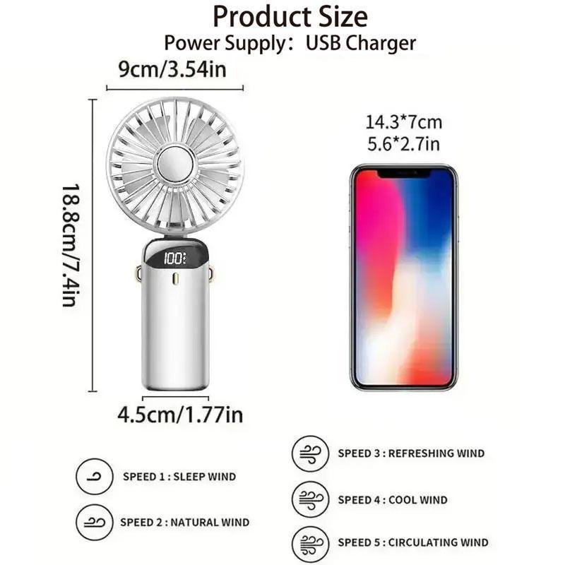 Summer Spring Portable Fan with Base & Lanyard for Music Festival, USB Rechargeable Handheld Fans with LED Power Display, Adjustable 5 Speeds Personal Cooling Fan, Compact Table Fan, Foldable Mini Fan for Outdoor Travel Camping