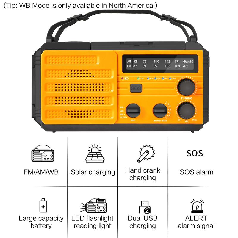 Solar Powered Hand Crank Radio with 3 Modes Flashlight & 2 Modes Reading Light & AM FM Radio Function & SOS Alarm, Suitable for Outdoor Emergencies