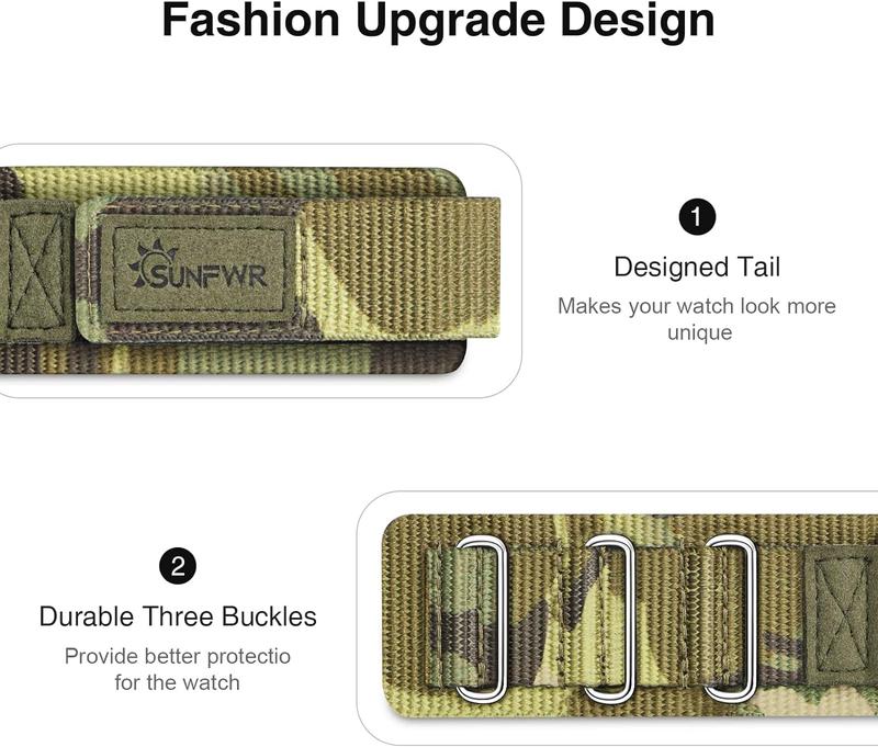 Sunfwr Watch Band Rugged Velcro Band for Apple Watch 42mm 44mm 45mm 49mm 38mm 40mm 41mm - Tough Nylon Strap with Three Buckle Loop Design - Compatible with iWatch Series 1-9 & SE Accessories Wearable