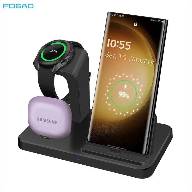 PDKUAI 3 in 1 Fast Charging Stand for Galaxy S24 S23 S22 S21 S20,Note 20 10,A54 A53 A51 & Galaxy Buds, Wireless Charger for Galaxy Watch