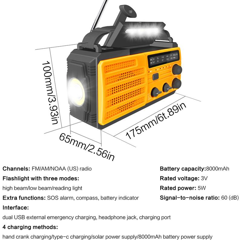 Solar Powered Hand Crank Radio with 3 Modes Flashlight & 2 Modes Reading Light & AM FM Radio Function & SOS Alarm, Suitable for Outdoor Emergencies