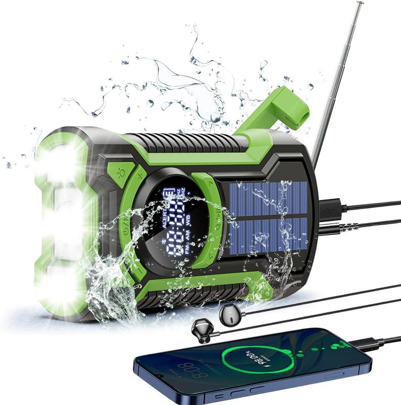 Portable AM FM Weather Digital Radio,Emergency Radio Hand Crank Solar,Flashlight Cell Phone Charger,Reading Lamp,Waterproof Rechargeable Radio 5000mAh Battery Power,Outdoor Survival Audio Compact Bluetooth Button Charging Device Electronic Wireless Mobile