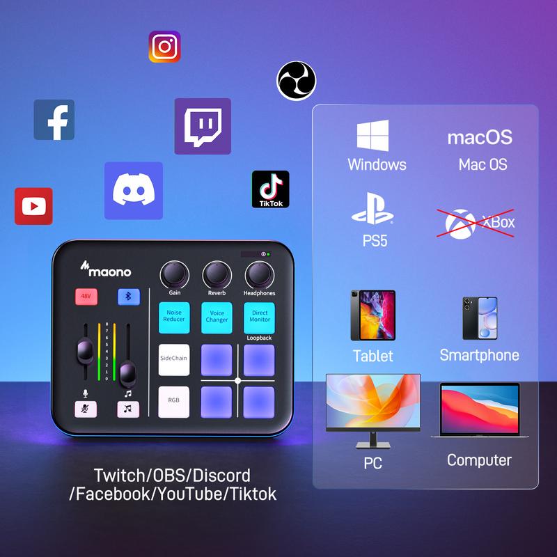 MAONO G1 NEO RGB USB Audio mixer with Bluetooth, Noise reduction, easy to use with PC, Smartphone, XLR microphone, ideal for gaming and streaming.