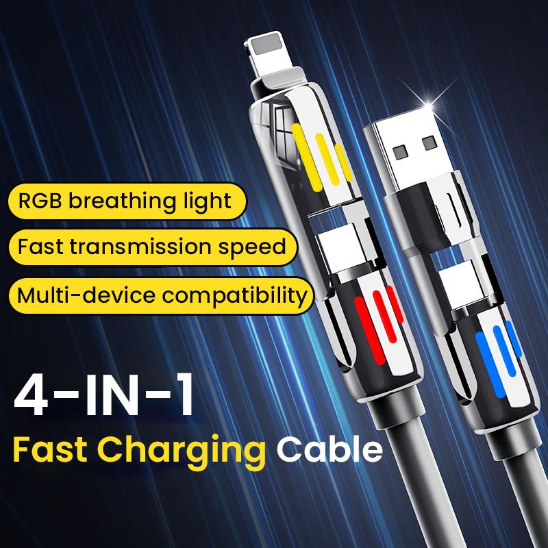 4-in-1 USB Charging Cable, fast charging cable USB A+ TYPE C + Lightning Multi national aluminum alloy cable management suitable for iPhone 16 15 14 Samsung Galaxy, Android Phones & Tablets iPad Pro Smartphone Cellphone Mobile Electronic