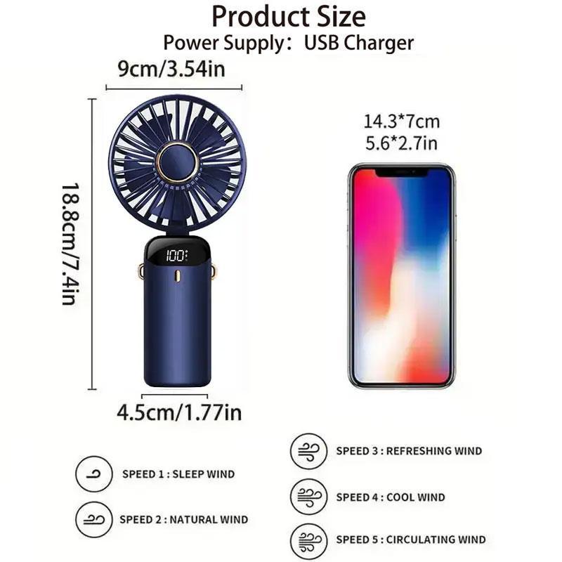 Summer Spring Portable Fan with Base & Lanyard for Music Festival, USB Rechargeable Handheld Fans with LED Power Display, Adjustable 5 Speeds Personal Cooling Fan, Compact Table Fan, Foldable Mini Fan for Outdoor Travel Camping