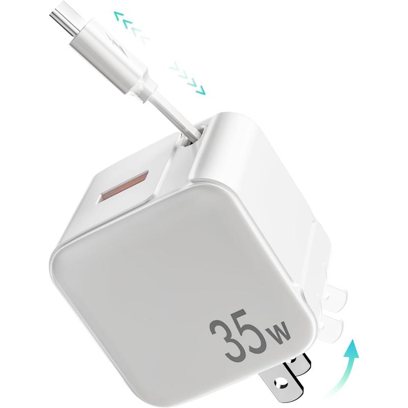 GLILAVOX! Retractable Wall Charger,35W PD Fast USB Charger Block with Retractable Type-C Cable,Portable Charger Adapter with Foldable Plug for iPhone 16 15,Galaxy,Pixel,and Multiple Devices