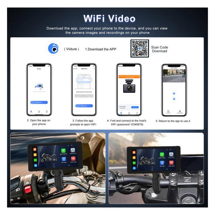 5.5-inch Wireless CarPlay for Motorcycle Navigator MP5 Portable Smart Player Supports CarPlay Android Auto,with Front&Back Camera With Steering Wheel Control DVR, Bluetooth headset Card Audio Screen Recording