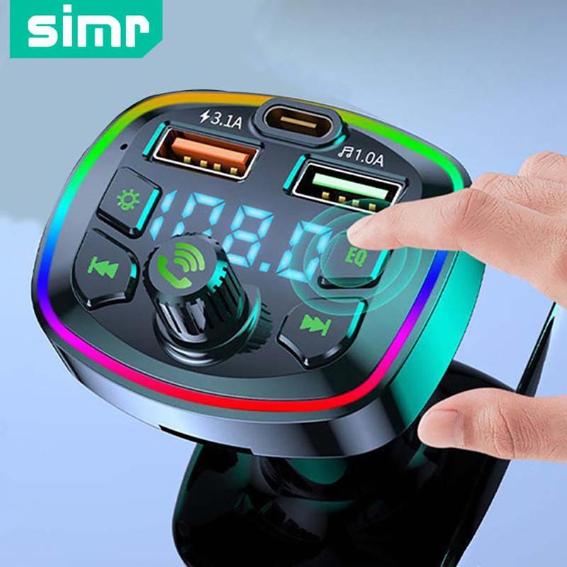 SIMR Wireless Car MP3 FM Transmitter, 1 Count Dual USB Type C Car Charger FM Transmitter, Colorful Ambient Light & Car MP3 Music Player Audio Receiver