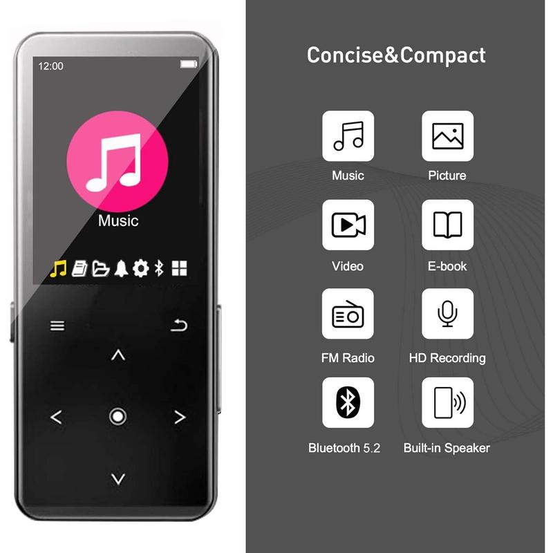 64GB MP3 Player with Bluetooth 5.2, Music Player with Built-in Speaker, FM Radio, Voice Recorder, EBook, Earphones Included