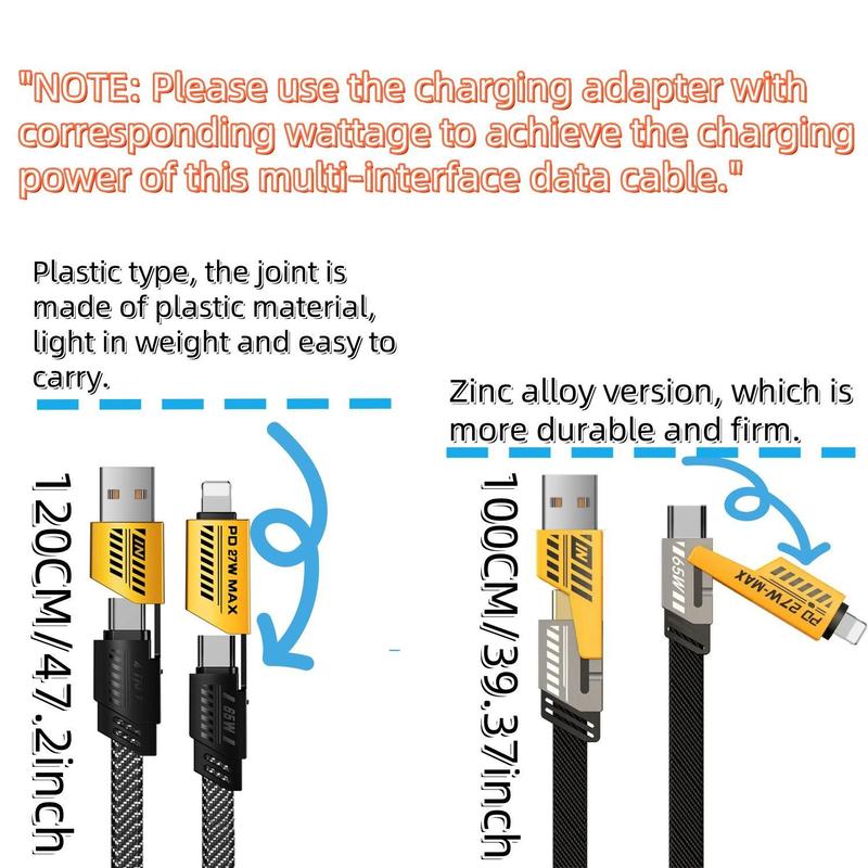 4-in-1 Fast Charging Data Cable for Cellphone, Multipurpose PD 65W Fast Charging Cable Compatible with iPhone & Android, Multi-port Charging Cable for Cellphone & Tablet