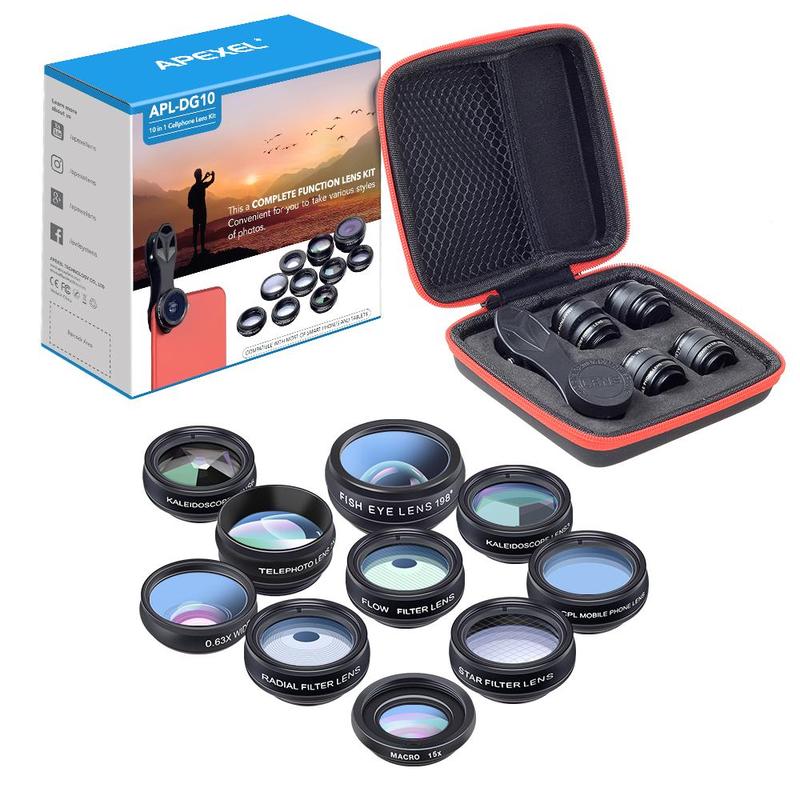 APEXEL 10 in 1 Mobile Phone Lens Kit, Macro Lens & Wide Angle Lens & Fisheye Lens & Telephoto Lens & CPL Flow Radial Star Filter Lens & Kaleidoscope 3 6 Lens, Suitable for iPhone, Samsung, Xiaomi, and All Smartphones