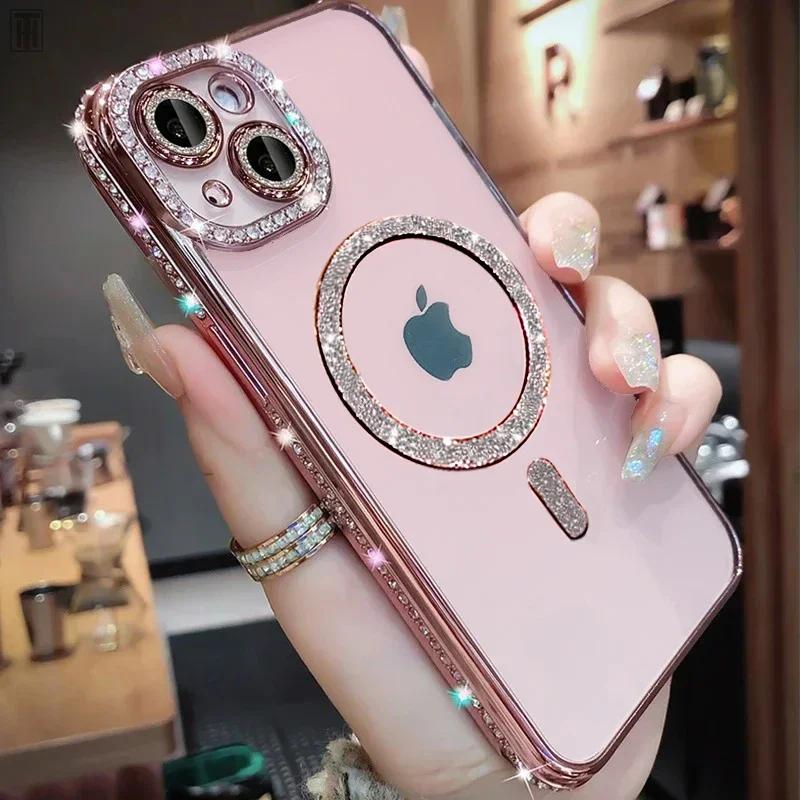 For iPhone Series Bling Fashion Girl Pink Crystal Glitter Transparent Magnetic Case iPhone 16 15 14 13 12 11 Pro Max Plus Wireless Charging Diamond Cover Link No.251