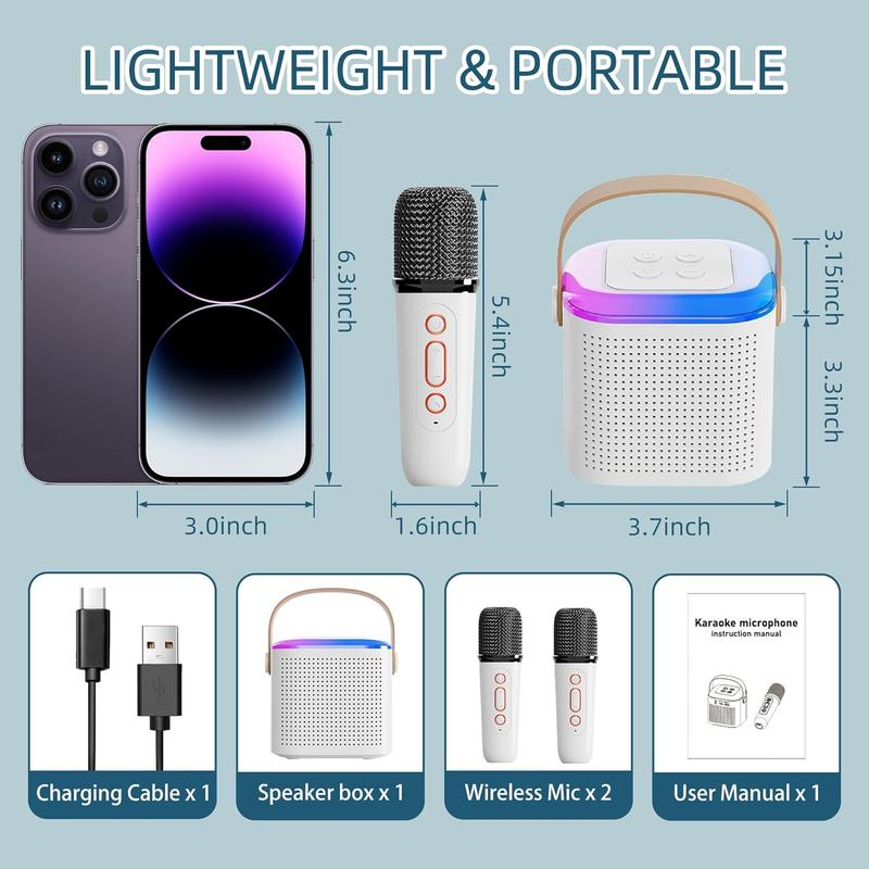 Portable Karaoke Machine with 2 Wireless Microphones, Mini Karaoke Machine with LED Lights, Bluetooth Speaker, Support TF Card, AUX Input Singing Toys for Kids Adults Home Birthday Party (White)