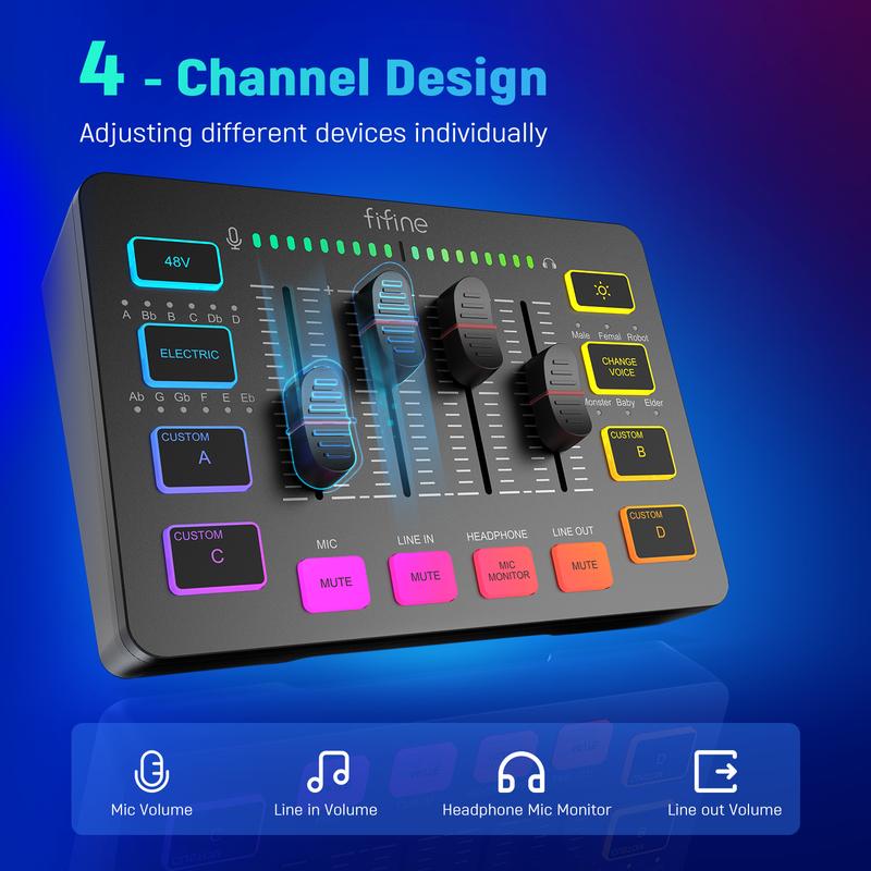 Fifine SC3 Gaming Audio Mixer,Audio Interface with Individual Control, Volume Fader, Mute Button, RGB, 48V Phantom Power for Live Streaming, Podcasting, Content Create, Gaming