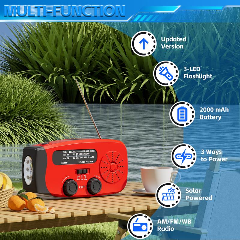 2000 mAh Solar Powered Crank Radio, Chargeable Power Bank Weather Radio With 3 LED Flashlight, Portable Solar Radio For Charging Phones, Manually Charging Available, Camping Essentials