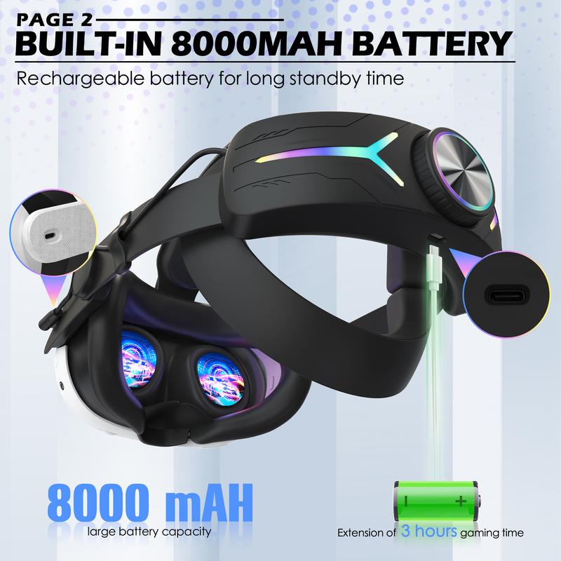 Orzero Head Strap Accessories Compatible for Quest 3 with Extended 8000mah Battery Pack, Fast Charging 9V 2A Extended Gaming Time with RGB Light - Black