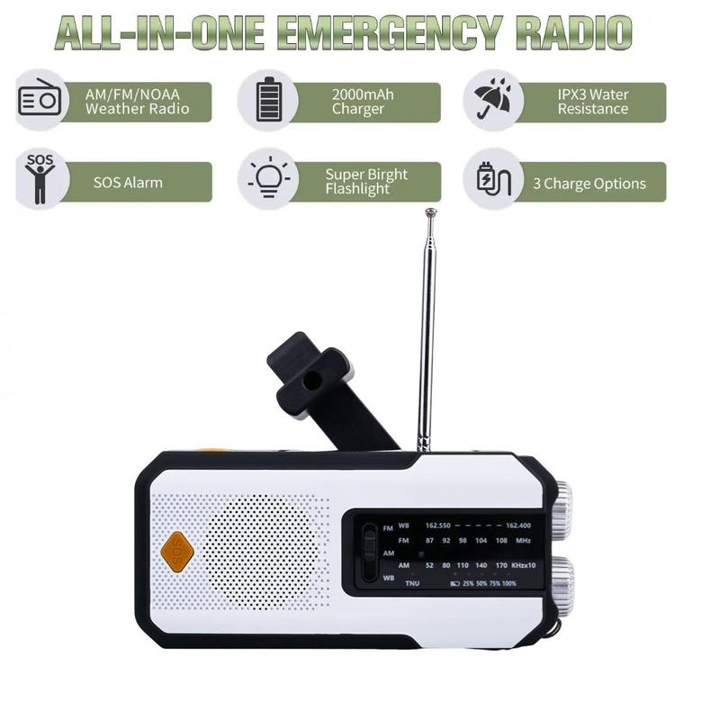 Solar Emergency NOAA Weather Radio, Portable Hand Crank AM FM WB Radio with LED Flashlight & Power Bank & SOS Alarm, 2000mAh Emergency Radio for Smart Phone Charging, Professional Emergency Equipment for Indoor Outdoor Hiking Camping