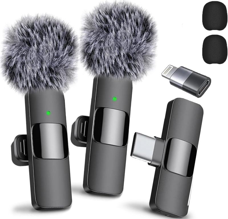 2 pcs 2 in 1 Wireless Lavalier Microphone for iPhone, Android - Noise Reduction for Video Mini  Microphone With USB-C and IOS Lighting Crystal clear Sound for Recording Live Streaming Vlogging Audio Bluetooth Clip Connection