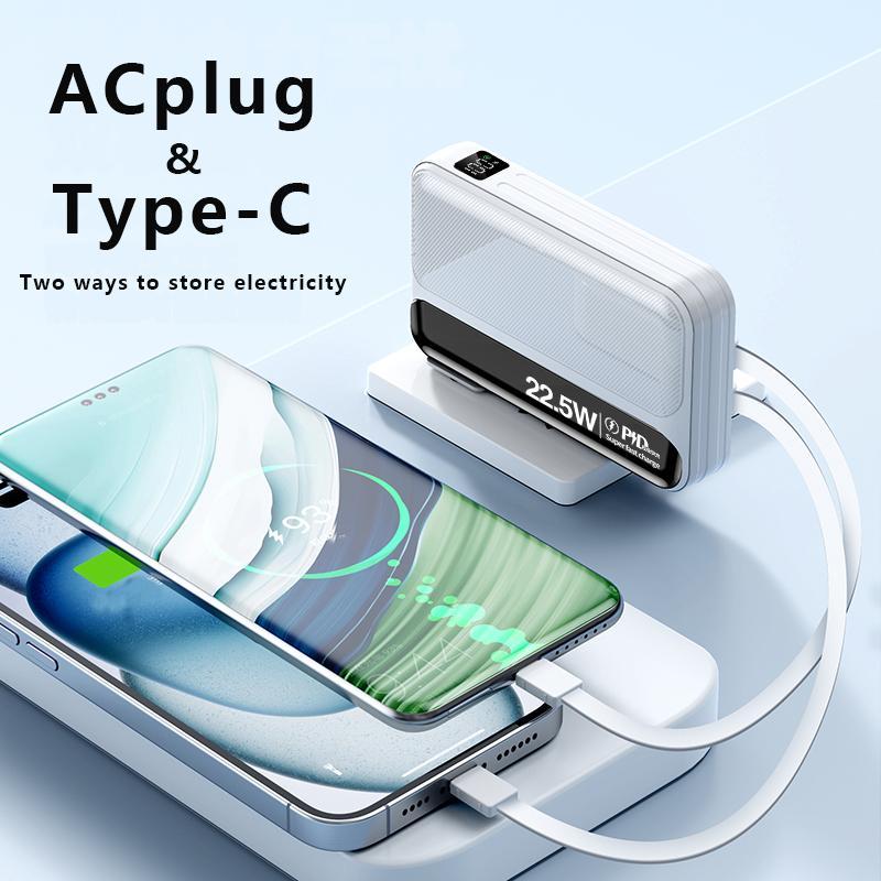 10000mAh Portable Charger with Built-in Cables & AC Wall Plug, 1 Count USB C Fast Charging Power Bank, Travel Essentials External Battery Pack for iPhone, Samsung, Tablet