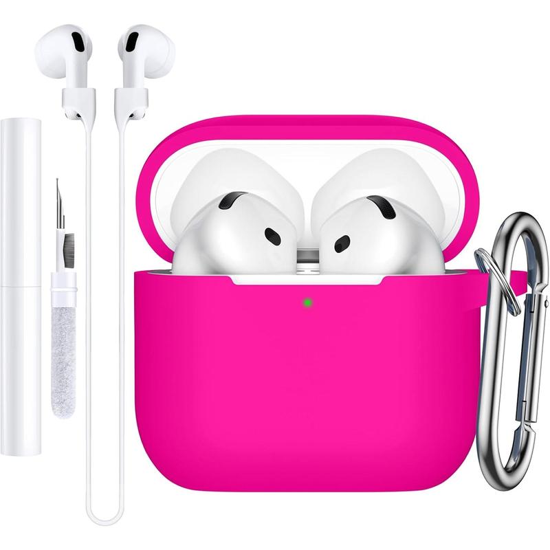 Compatible with AirPods 4 Case(2024), Soft Silicone Protective Cover for AirPods 4 Case with Keychain, Cleaning Kit & Anti-Loss Strap, AirPods 4th Generation Case for Women Men,Rose Pink Protection Protection