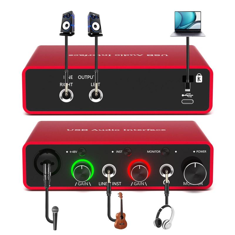 USB Audio Interface, 24-bit 192kHz USB Audio Interface with 48V Phantom Power, Audio Interface for Computer Recording, Podcasting and Streaming, Desktop & Laptop Components, Studio Equipment