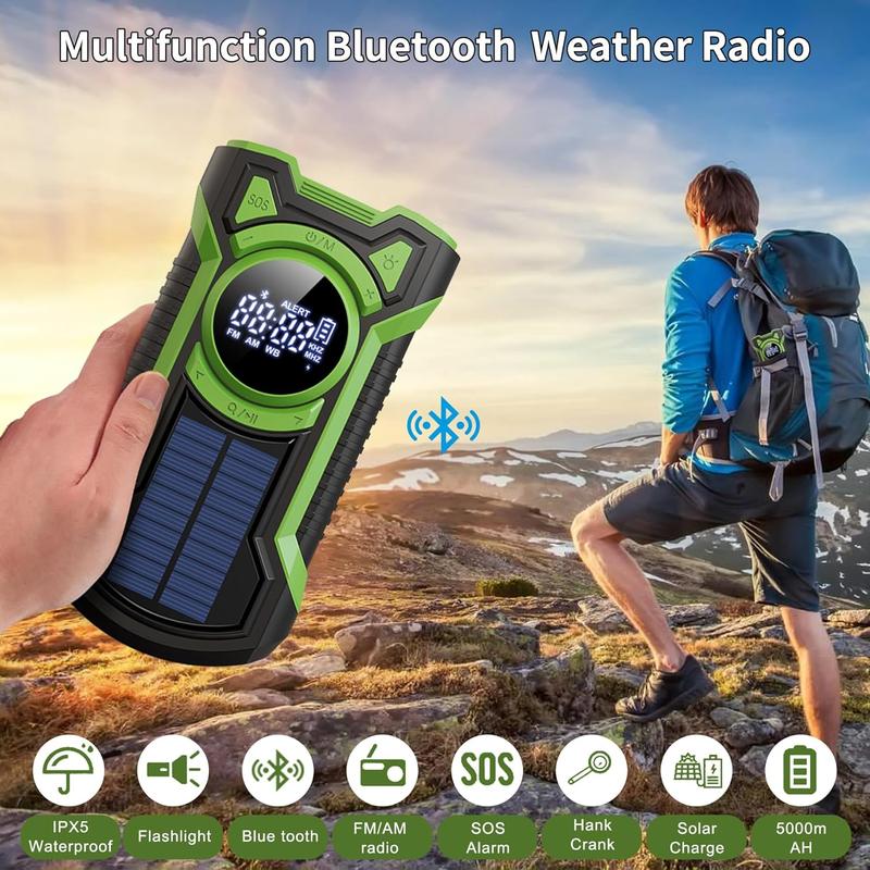 Portable AM FM Weather Digital Radio,Emergency Radio Hand Crank Solar,Flashlight Cell Phone Charger,Reading Lamp,Waterproof Rechargeable Radio 5000mAh Battery Power,Outdoor Survival Audio Compact Bluetooth Button Charging Device Electronic Wireless Mobile